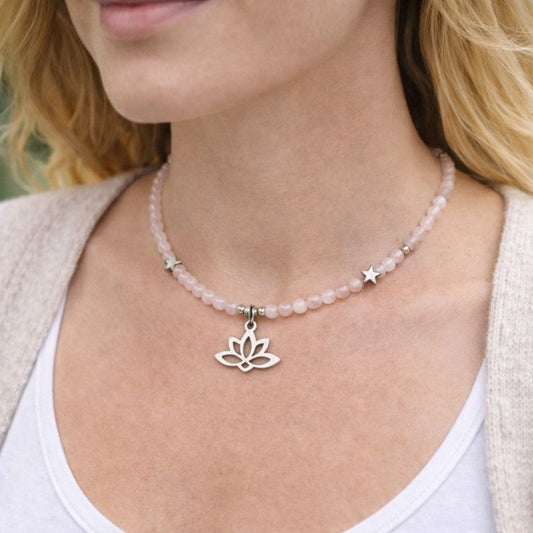 Rose Quartz Necklace with Lotus Charm