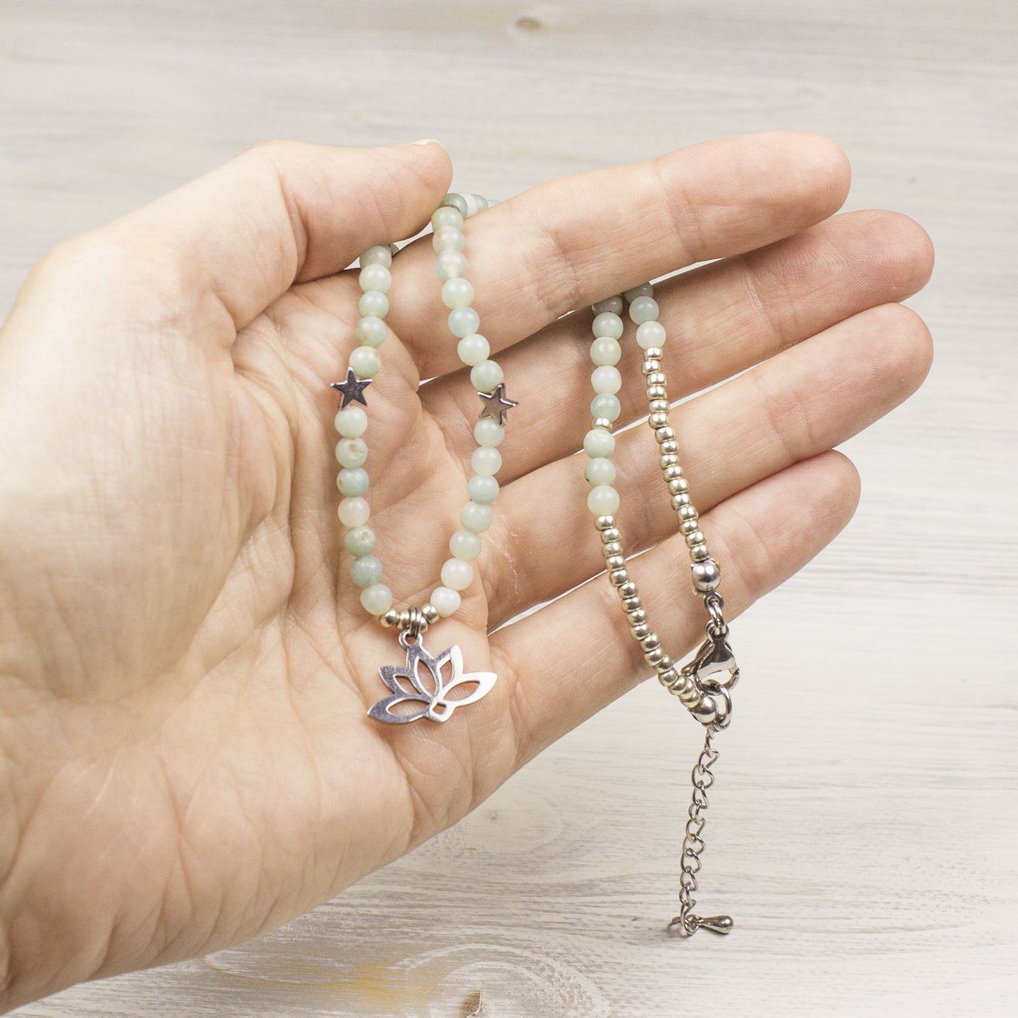 Amazonite Gemstone Necklace with Lotus Charm