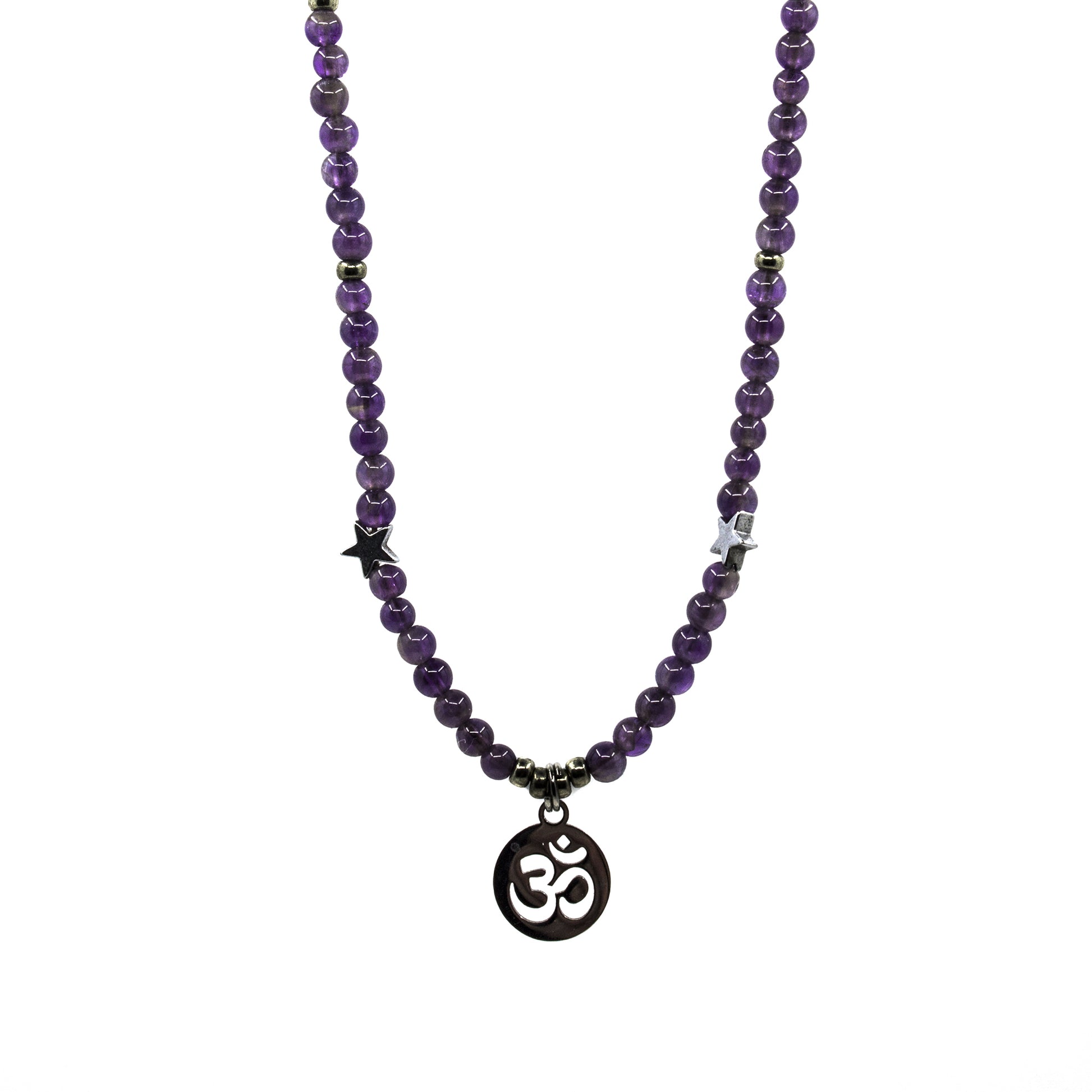 Purple beaded necklace with an Om symbol pendant on a white background
