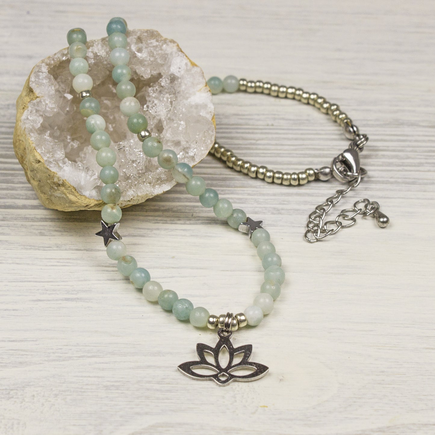 Amazonite Gemstone Necklace with Lotus Charm