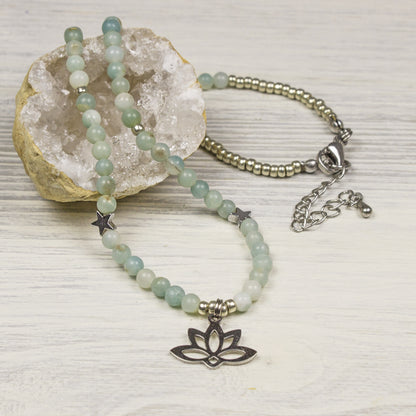 Amazonite Gemstone Necklace with Lotus Charm
