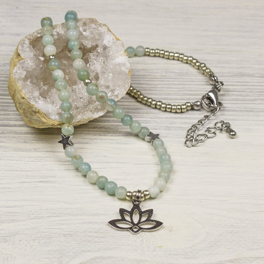 Amazonite Gemstone Necklace with Lotus Charm