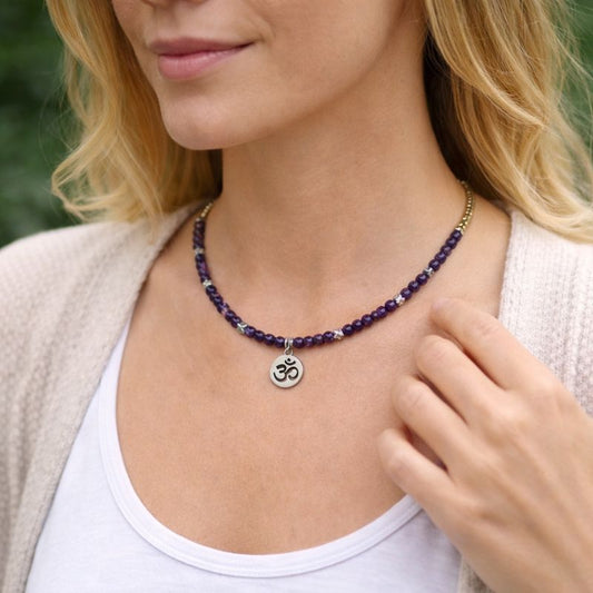 Amethyst Crystal Necklace with Om Pendant