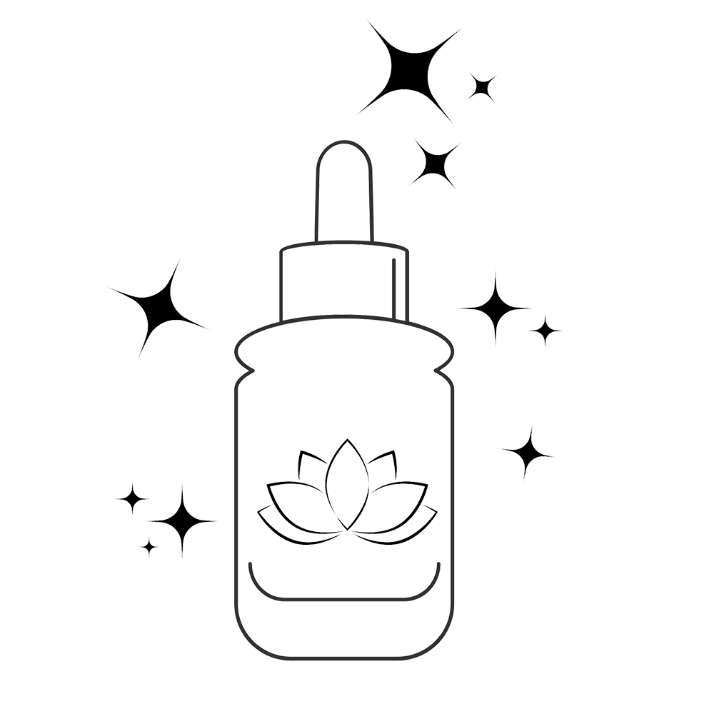 Outline of a dropper bottle with a lotus flower design on a white background