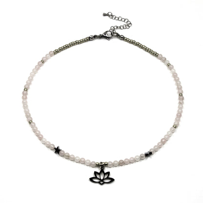 Rose Quartz Necklace with Lotus Charm