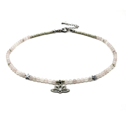Rose Quartz Necklace with Lotus Charm