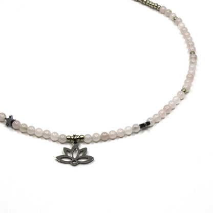 Rose Quartz Necklace with Lotus Charm