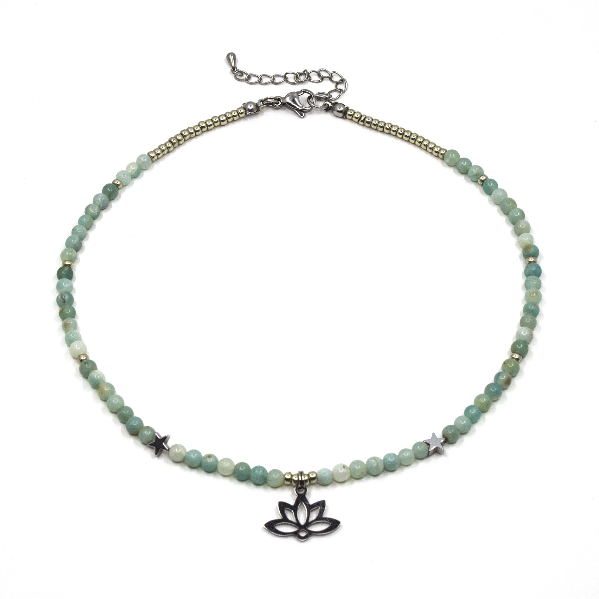 Necklace with amazzonite beads and lotus flower charm on a white background