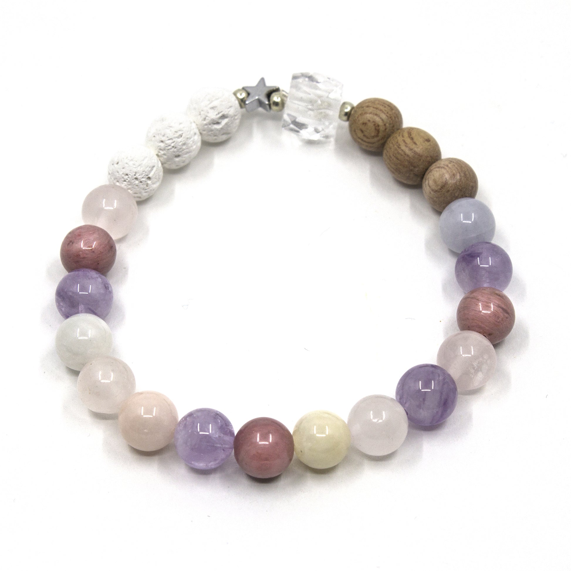 Natural stone beaded bracelet in pink and purple colours on a white background