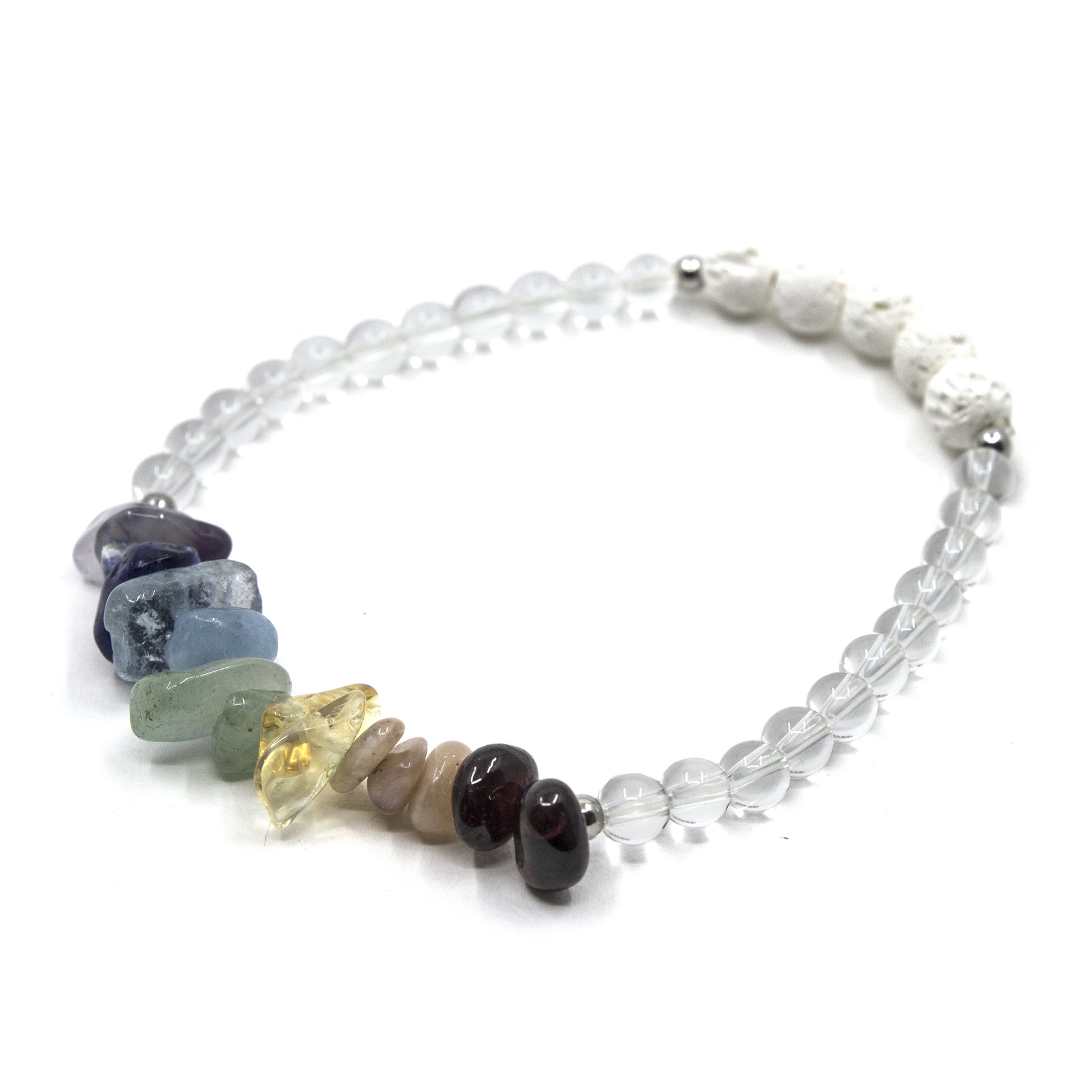 Stretch beaded bracelet with multicoloured gemstone beads on a white background