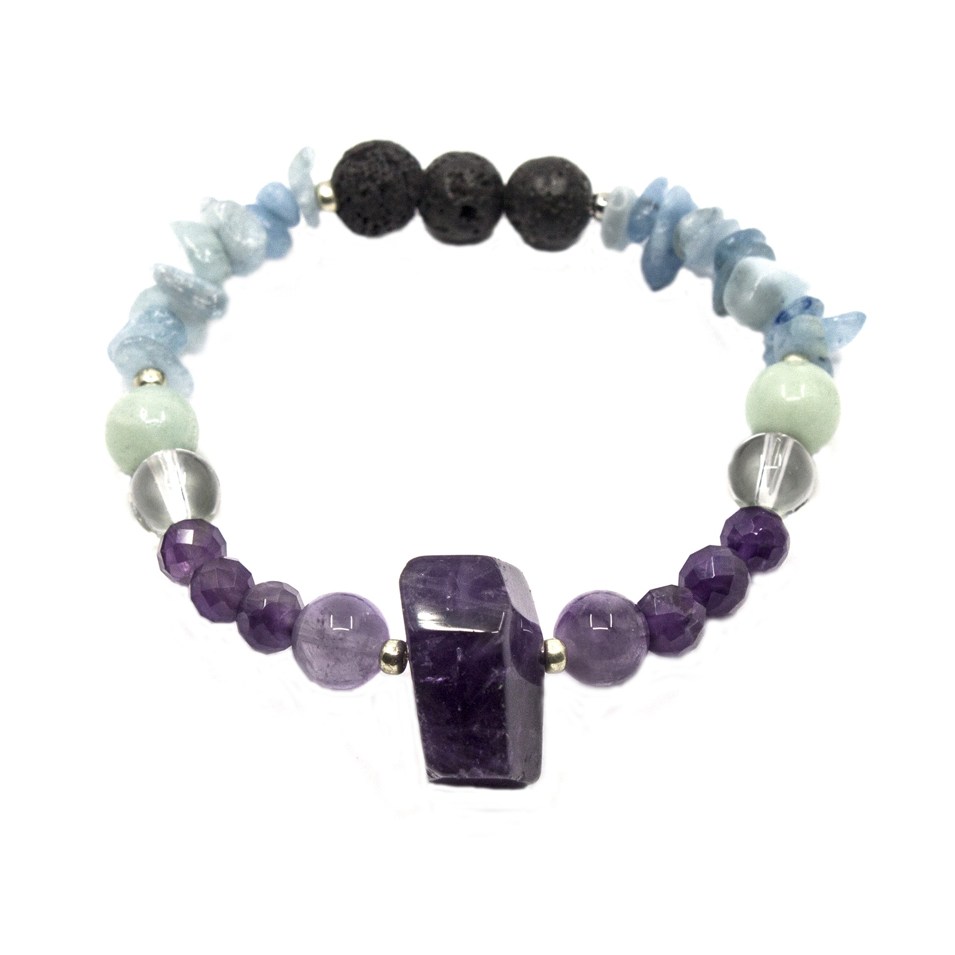 Purple and blue beaded bracelet with one large amethyst bead on a white background.