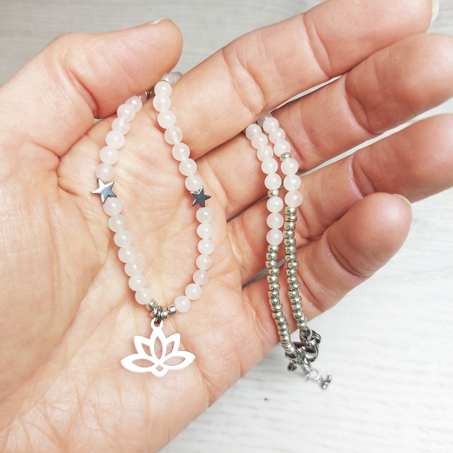 Rose Quartz Necklace with Lotus Charm