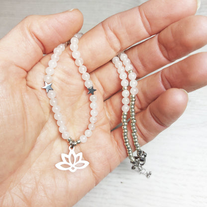 Rose Quartz Necklace with Lotus Charm
