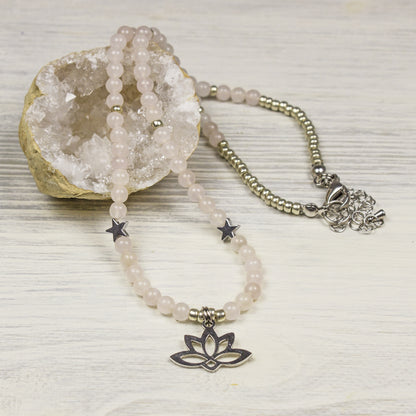 Rose Quartz Necklace with Lotus Charm
