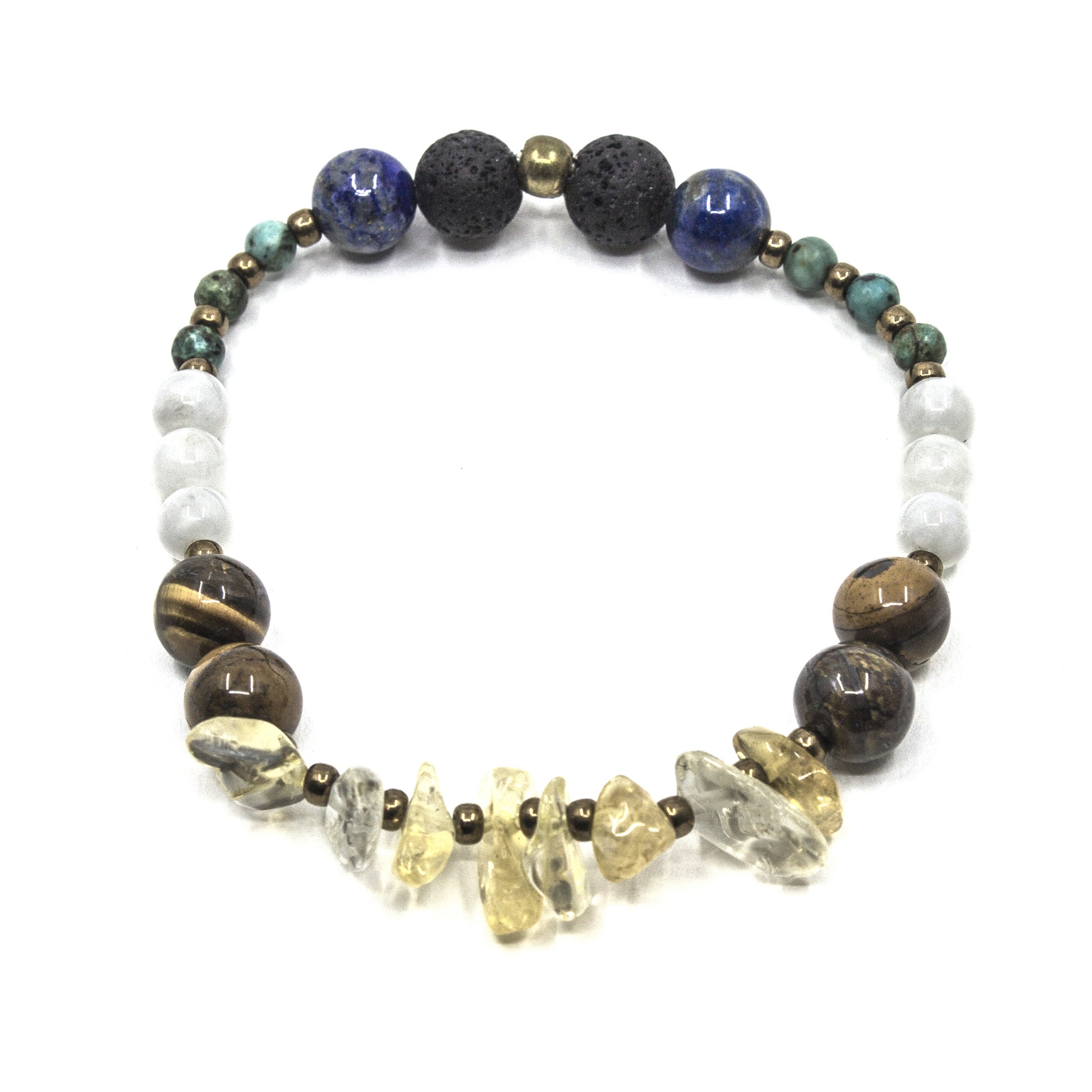 Multicolored gemstone beaded bracelet on a white background