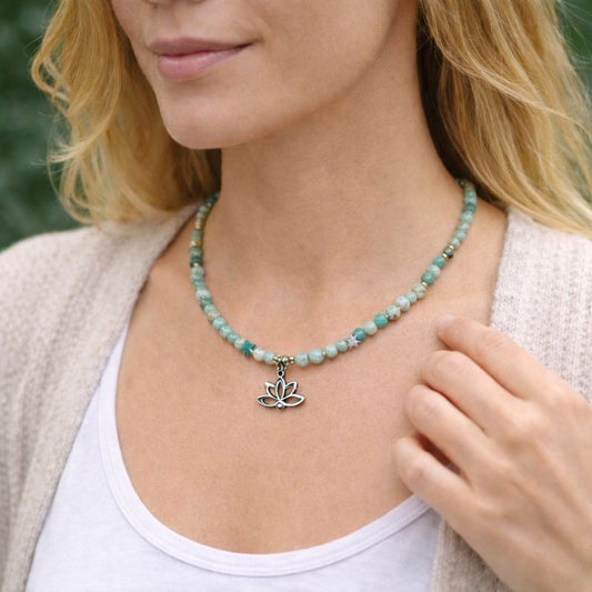 Amazonite Gemstone Necklace with Lotus Charm