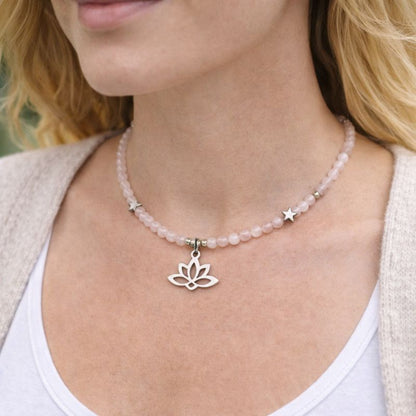Rose Quartz Necklace with Lotus Charm
