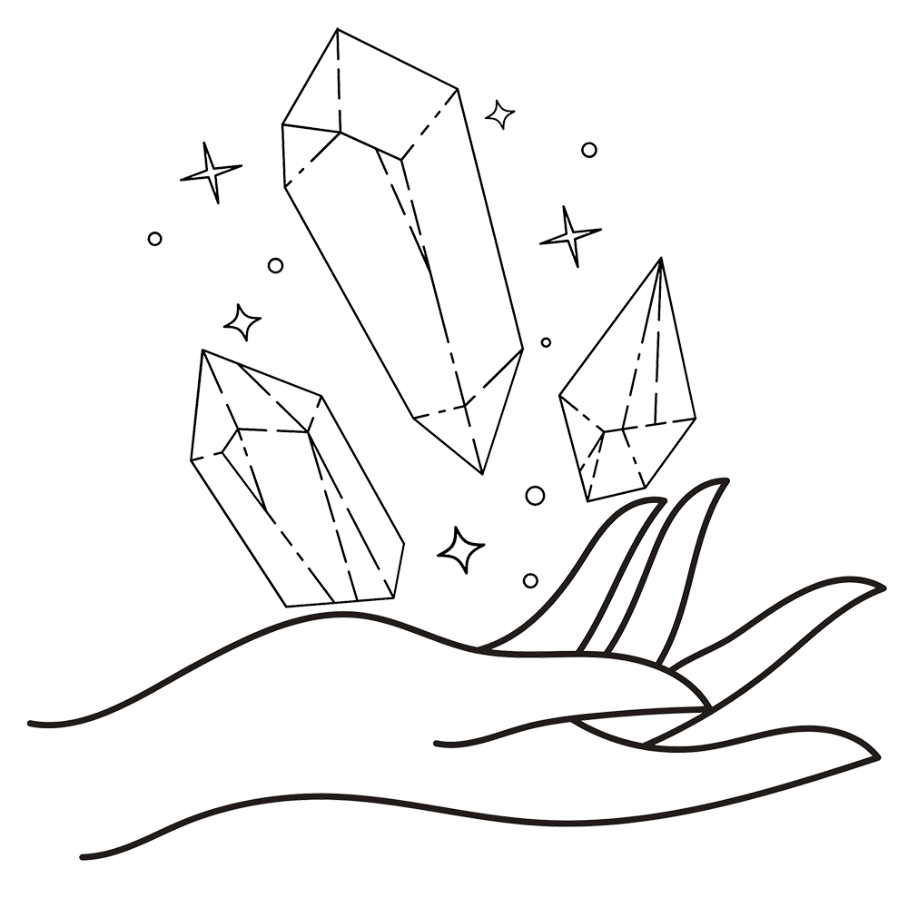 Outline of a hand holding crystals with stars on a white background