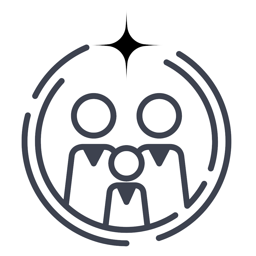 Circular icon with a stylized face and two figures, resembling a logo or symbol.