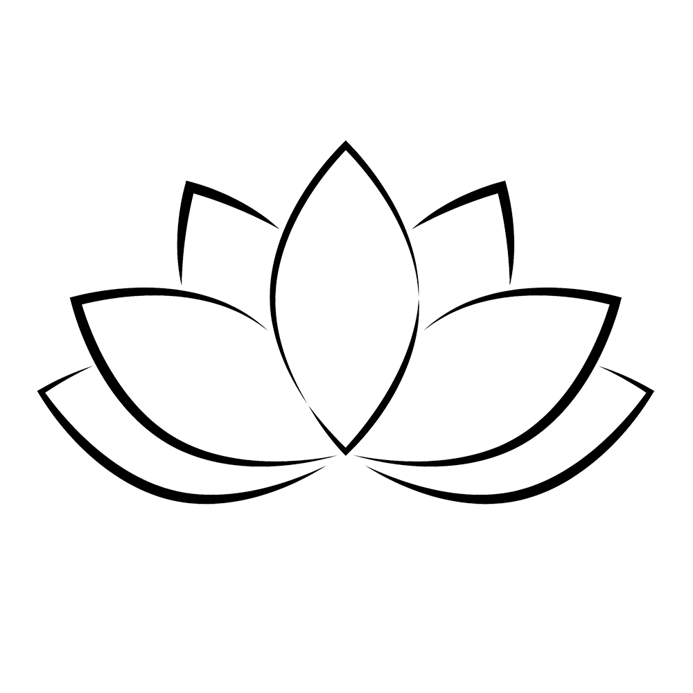 Black line drawing of a lotus flower on a white background